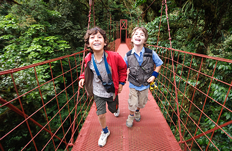 Boys walking on suspended bridge in woods