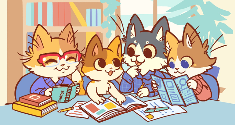 group of cats reading articles sitting at table